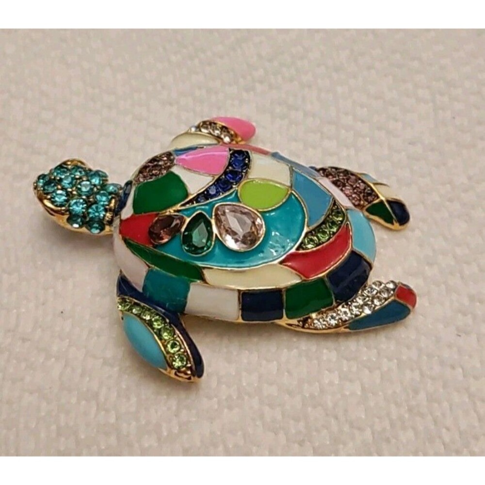 Rhinestone And Crystal Inlaid Turtle Brooch 3”X2”